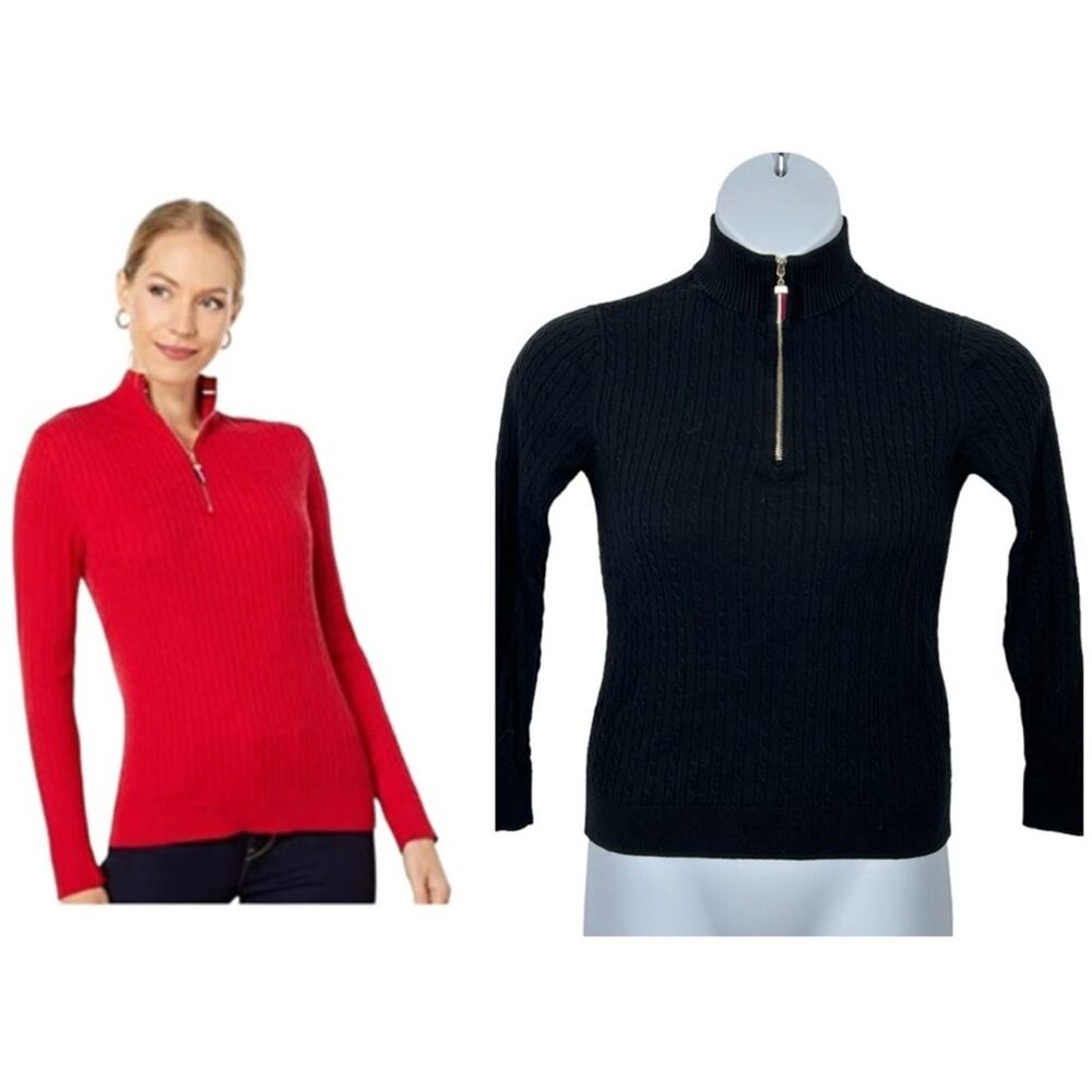 Tommy Hilfiger Cable Knit Half Zip Sweater Black Size S Cotton Preppy Classic